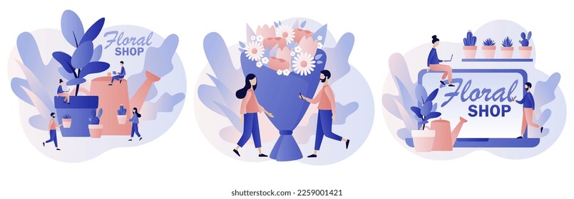 Florist concept. Floral shop online. Flower bouquet and flower pots. Floristic business. Flower delivery. Modern flat cartoon style. Vector illustration on white background
