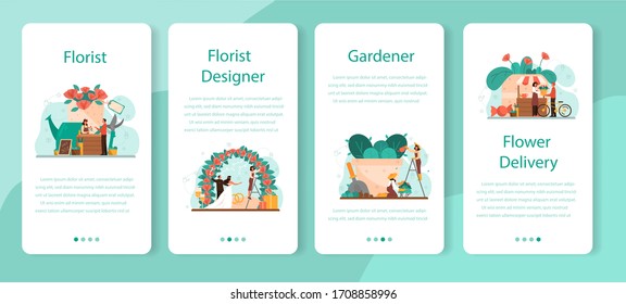 Florist concept mobile application banner set. Creative occupation in floral boutique. Event florist designer. Flowers delivery and gardening. Floristic business. Isolated vector illustration