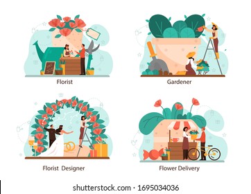 Conjunto de conceptos floristas. Ocupación creativa en una boutique floral. Diseñador florista de eventos. Entrega de flores y jardinería. Negocios floristas. Ilustración vectorial aislada en estilo plano
