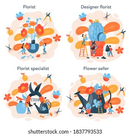 Conjunto de conceptos floristas. Ocupación creativa en una boutique floral. Diseñador florista de eventos. Entrega de flores y jardinería. El negocio florístico. Ilustración vectorial aislada en estilo plano