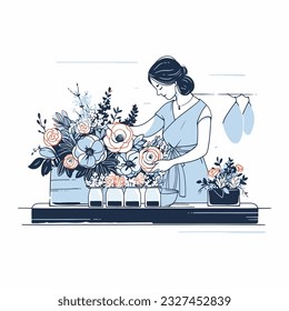 A florist crafting a beautiful bouquet in a flower shop, vector illustration