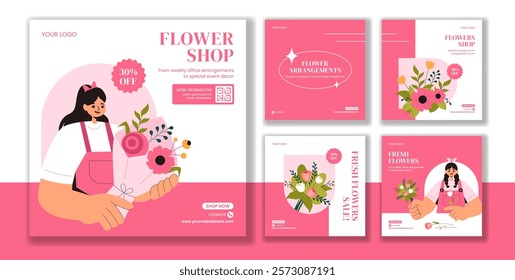 Florist Crafting Stunning Gift Bouquets for Social Media Posts in Flat Cartoon Style