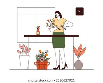 Florist cutting flower stems to make it easier to make a bouquet, outline style, vector illustration.