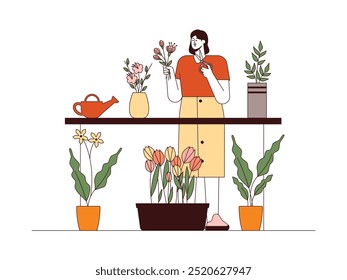 Florist cutting off unnecessary flower stems and buds, outline style, vector illustration.