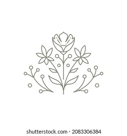 Florist decorative monochrome emblem with flower, stem, berries and leaves logo vector illustration. Botanical minimalist simple logo with blossom floral natural plant with design elements isolated