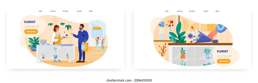 Florist designer landing page design, website banner vector template set. Woman making bouquet of flowers for customer.