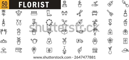 Florist editable outline icon set. Flowers, gardening tools, bouquets, plants, shop, and delivery line icons.
