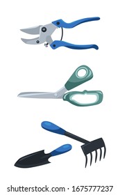 Florist equipment set with working tools. Gardening equipment isolated on white. Planting workshop items kit. Scissors, hand steel rake and spade, garden pruner or pruning shear. Vector illustration