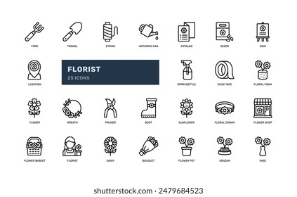 florist floral flower shop design craft detailed outline line icon set