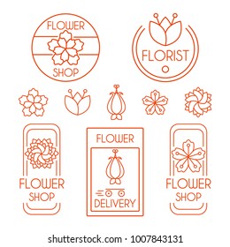 Florist, flower shop, flower delivery badge set isolated on white background. Stock vector illustration of widely spread flowers, floral elements in geometric minimal style.