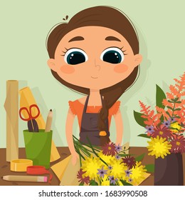 The florist girl collects a bouquet of beautiful and bright flowers. vector illustration in cartoon style.