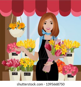 A florist girl in the flower shop. Vector illustration.