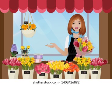 A florist girl in the flower shop. Vector illustration.