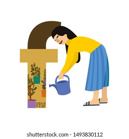 florist girl watering flowers, letter of the alphabet, vector illustration
