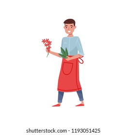 Florist holding small bunch of flowers and green leaves. Young man in red apron. Worker of flower shop. Flat vector design