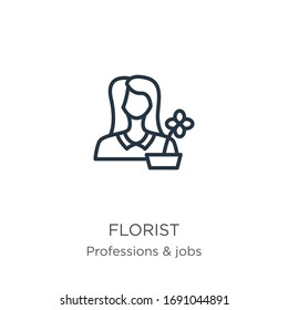 Icono florista. Icono de esquema florista lineal delgado aislado en fondo blanco de profesiones y colección de trabajos. Signo vectorial de línea, símbolo para web y móvil