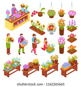 Florist isometric set of bouquets of flowers in pots and vases for flower shop with employee and seller isolated vector illustration