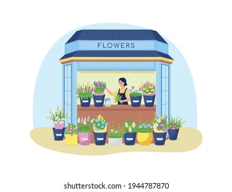 Florist kiosk 2D vector web banner, poster. Small business owner flat character on cartoon background. Flower shop, working on bouquet arrangements printable patch, colorful web element