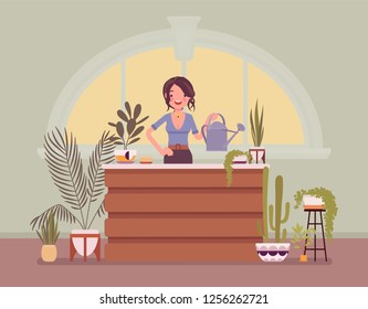 Florist lady sells, grows home ornamental plants. enjoying indoor gardening hobby, house natural beauty decor. Vector flat style cartoon illustration