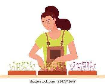 Florist lady sells, grows home microgreens. enjoying indoor gardening hobby, house natural beauty decor. Man and woman in garden. Vector flat style cartoon illustration