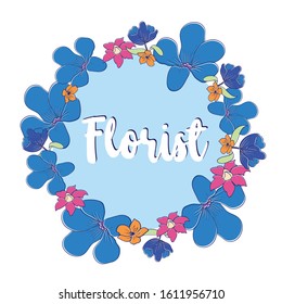 florist logo. Flower round frame. Design element. Flowers and plants of fields and forests. Vector vintage botanical illustration.blue flower. cute flower.