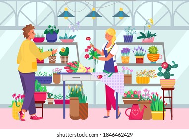 Florist make bouquet in shop, female people in floral business store, vector illustration. Woman owner at plant retail sale, flower occupation. Working service indoors, happy girl in apron.