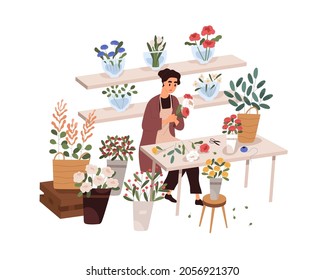 Florist making bouquet in flower shop. Woman at work in retail store with modern plants, sitting at table. Small business, flora trade. Colored flat vector illustration isolated on white background