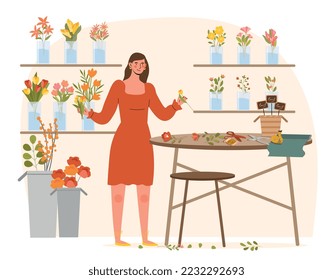 Florist making bouquet. Young girl with flowers. Advertising poster or banner. Small business or shop owner, love of plants and flowers. Aesthetics and elegance. Cartoon flat vector illustration