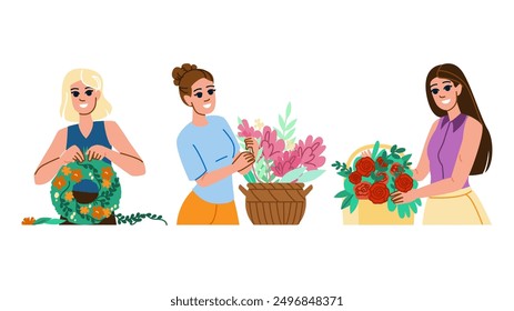 florist making flower arrangements  vector.  bouquet arrangement, shop floral, work woman florist making flower arrangements character. people flat cartoon illustration