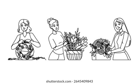 florist making flower arrangements vector. bouquet arrangement, shop floral, work woman florist making flower arrangements character. people black line pencil drawing illustration