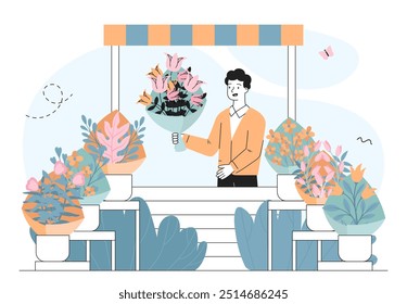 Florist man with bouquet. Young guy sells flowers. Bloom and blossom plants. Small business owner. Romantic gift and surprise. Linear vector illustration isolated on white background