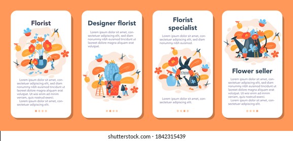 Banner de aplicación móvil de Florist. Ocupación creativa en una boutique floral. Diseñador florista de eventos. Entrega de flores y jardinería. El negocio florístico. Ilustración vectorial aislada en estilo plano