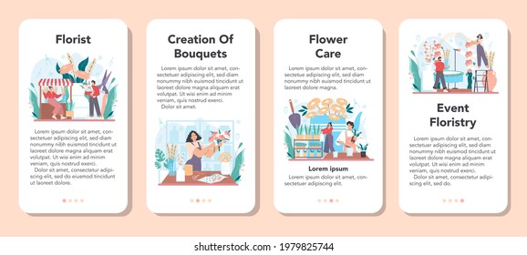 Florist mobile application banner set. Floral designer making bouquet for customer and events. Creative occupation in flower shop. Floristic business. Flat vector illustration