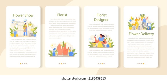 Florist mobile application banner set. Floral designer growing plants, making or arranging bouquet for customer. Creative occupation in flower shop. Floristic business. Flat vector illustration