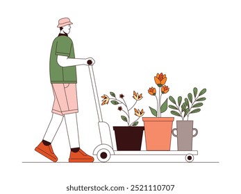 Florist moving flowers in pots using trolley for convenience, outline style, vector illustration.