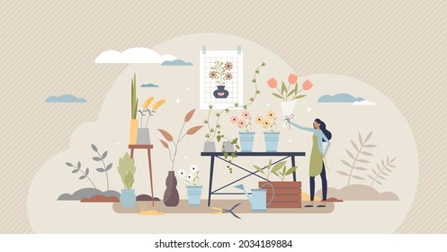 Florist occupation as professional flower bouquet seller tiny person concept. Creating pretty daisies, roses and tulips compositions and grown houseplants in pots store business vector illustration.