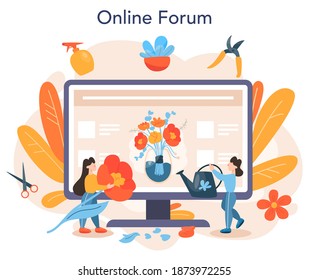 Florist online service or platform. Creative occupation in floral boutique. Event florist designer. Online forum. Isolated vector illustration