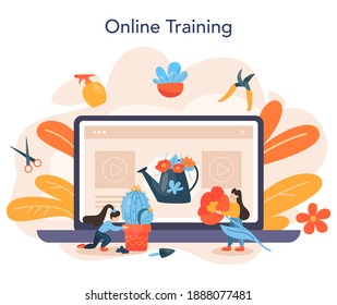 Florist online service or platform. Creative occupation in floral boutique. Event florist designer. Online training. Isolated vector illustration