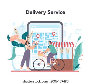 Florist online service or platform. Floral designer making bouquet for customer and events. Creative occupation in flower shop. Delivery service. Flat vector illustration