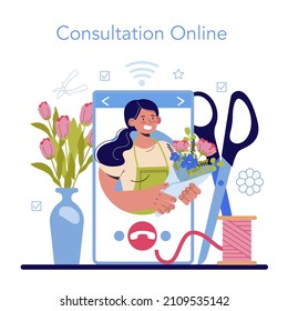 Florist online service or platform. Floral designer making or arranging bouquet. Creative occupation in flower shop. Online consultation. Flat vector illustration