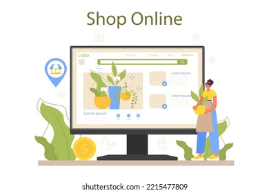 Florist online service or platform. Floral designer growing plants, making or arranging bouquet for customer. Online shop. Flat vector illustration