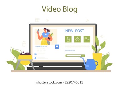 Florist online service or platform. Floral designer growing plants, making or arranging bouquet for customer. Video blog. Flat vector illustration