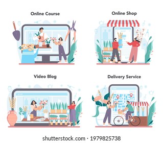 Florist online service or platform set. Floral designer making bouquet for customer and events. Creative occupation in flower shop. Online course, shop, video blog, delivery. Flat vector illustration