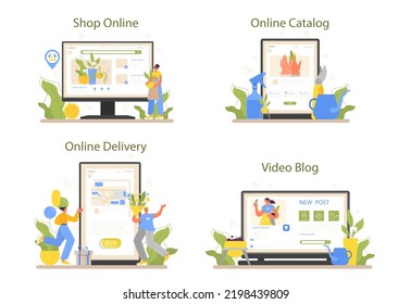 Florist online service or platform set. Floral designer growing plants, making or arranging bouquet for customer. Online shop, catalog, delivery, video blog. Flat vector illustration