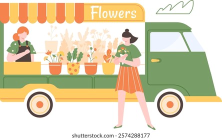 Florist operating a customized van, selling vibrant flowers while a satisfied customer walks away, happily holding a beautiful bouquet after a delightful shopping experience