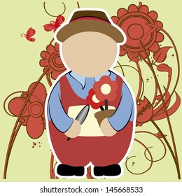 florist in overalls, potted flowering and tools on a background of large red flowers.
