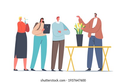 Florist Performing Japanese Ikebana Art for Male and Female Characters during Masterclass or Workshop. Man Making Flower Composition at Desk with Vase and Blossoms. Cartoon People Vector Illustration