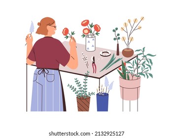 Florista con plantas en jarrones, flores de olor en tienda de flores. La mujer trabaja con ramos frescos, floristería, flores. El negocio florístico. Ilustración vectorial plana aislada en fondo blanco