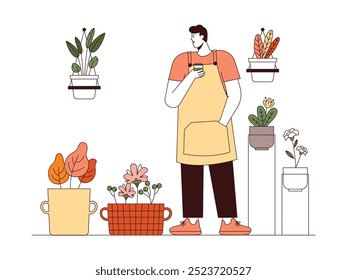 Florist relaxes while drinking in his own flower shop, outline style, vector illustration.