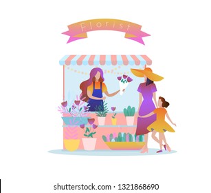 Florist. Sadovoy. Retailer. Buying flowers. Flat vector illustration. Element for design